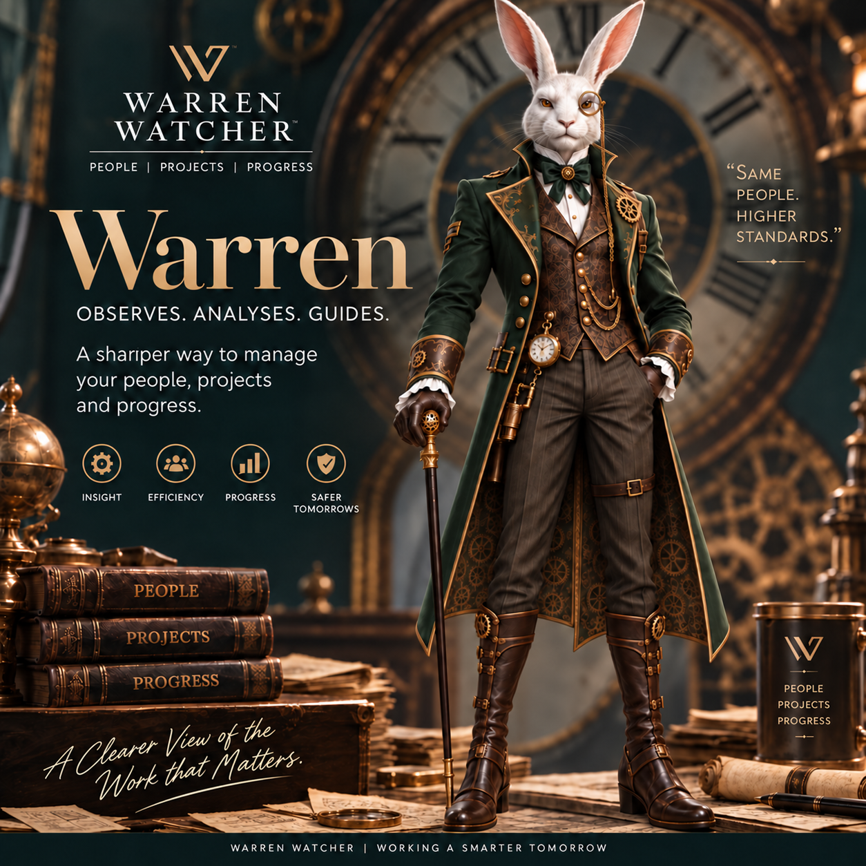 Warren Watcher standing before a large clockwork timepiece
